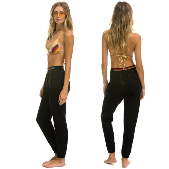 Aviator Nation Sweatpants Logo Stripe Elastic Waistband Black Unisex Sz Small - Picture 2 of 9